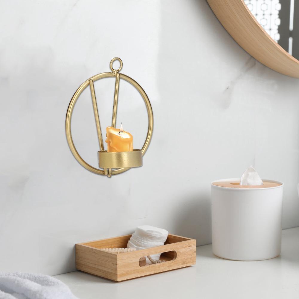 2pcs Wall Mounted Round Metal Candle Holder Golden Geometric Candle Sconce Bedroom Wall Decor
