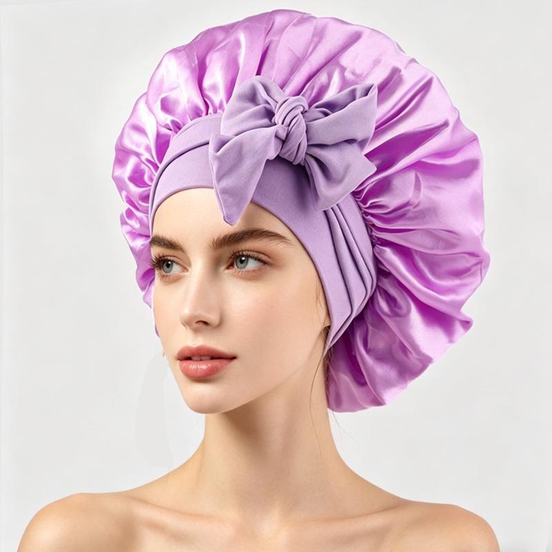 Silky Satin Sleep Cap with Tie-Up Ribbon for Women - Hair Care Hat