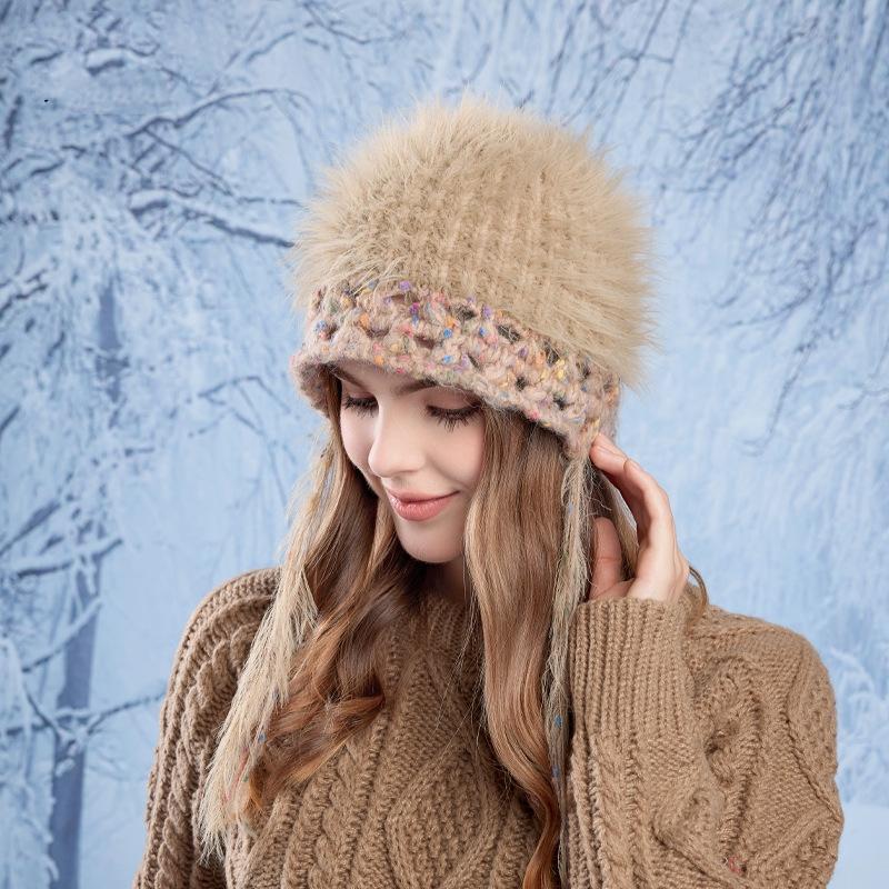 Women Autumn Winter Warm Thicken Ear Protector Hat Cold Velvet Outdoor Cycling Knitted Hats Sweet Cute Plush Hood Cap