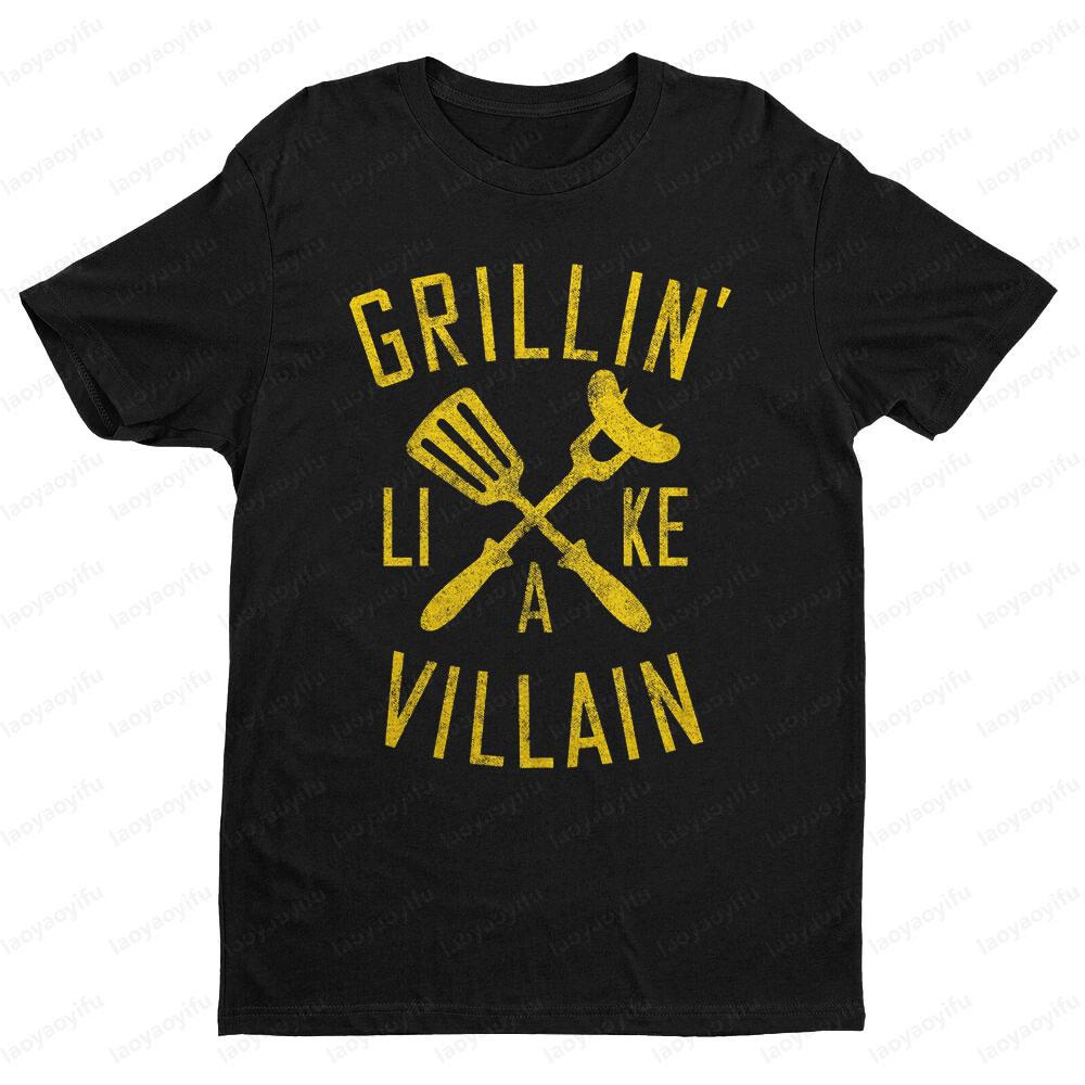 Grillin Like A Villain Mens T Shirt Funny Cookout Enthusiast Tee Tops Creative Pattern Tshirt BBQ Lover Gift Short Sleeve