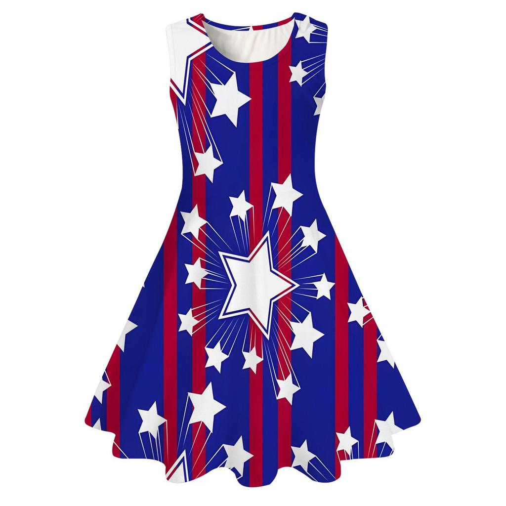 Summer Casual Loose Print Sweet Girl Sleeveless Princess Independence Day Dress