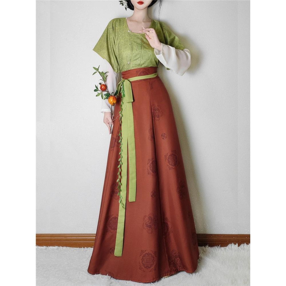 Chinese Tang Dynasty Style Hanfu Dunhuang Printed Round Neck Shirt Waist High One-piece Skirt Set For Women