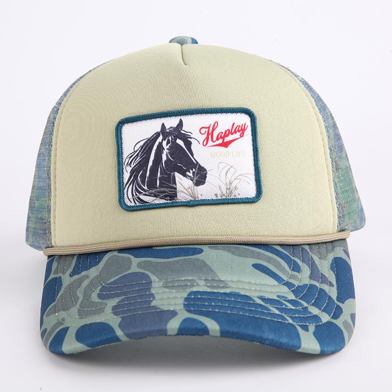 Trucker Hats With Logo Embroidery Printing 5 Panel Camo Trucker Cap Pre-curved Brim Print Mesh Hat