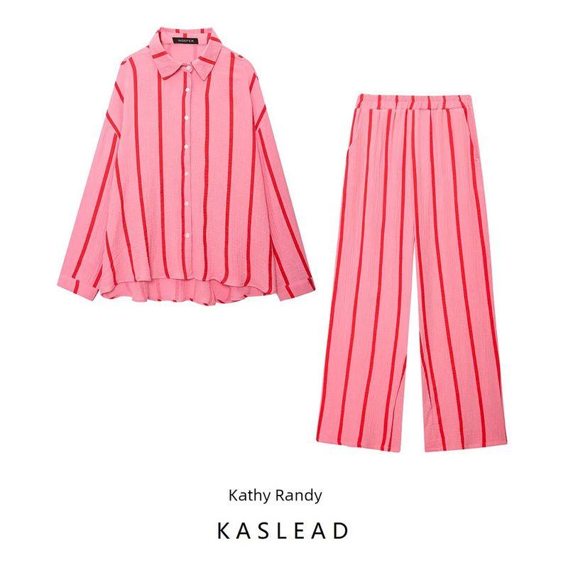 Kaslead New Arrival Women's Clothing Fashion Style Stripes Bubble Cotton Loose Casual Shirt Pants Suit
