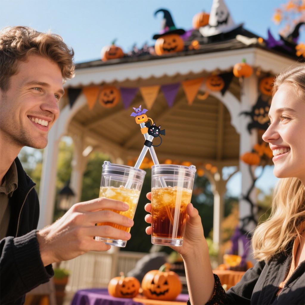 Halloween Straw Covers Reusable Drinking Straw Cover Cap Pumpkin Ghosts Design 10mm Straw Toppers Halloween Decorations Straws Protector