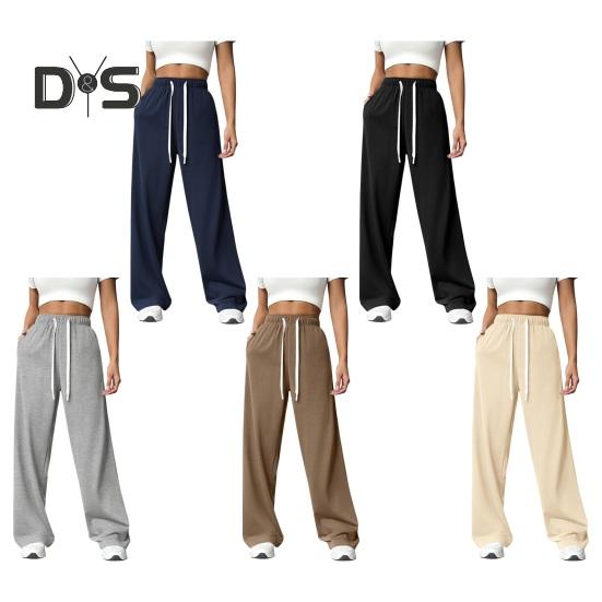 Women Pants Elastic High Waist Adjustable Drawstring Straight Wide Leg Trousers with Pockets Solid Color Casual Pants