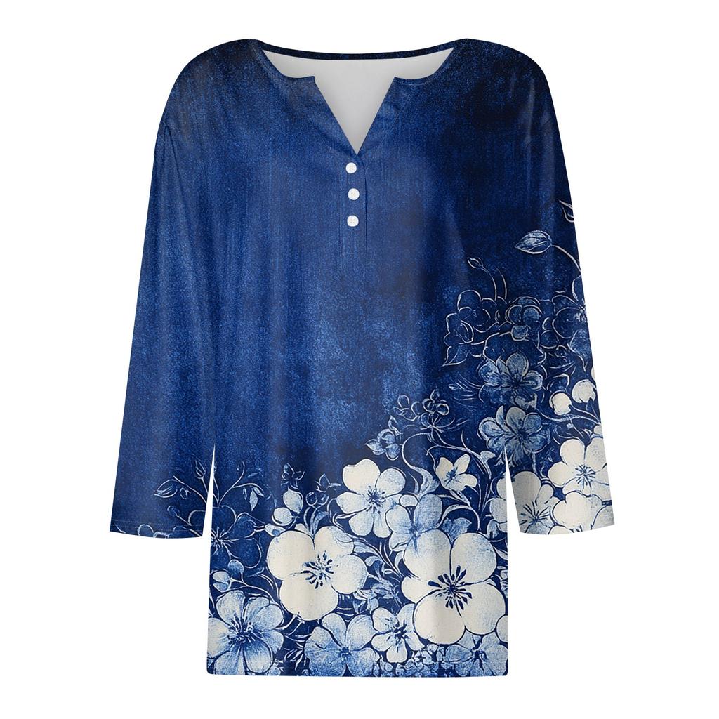 Женская модная повседневная футболка с v-образным вырезом и декоративными пуговицами, рукавом три четверти, с цветочным принтом, топ