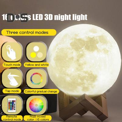 Лунная лампа с деревянной основой, 16 цветов RGB, сенсорный датчик, перезаряжаемый 3D лунный ночник, декор для спальни