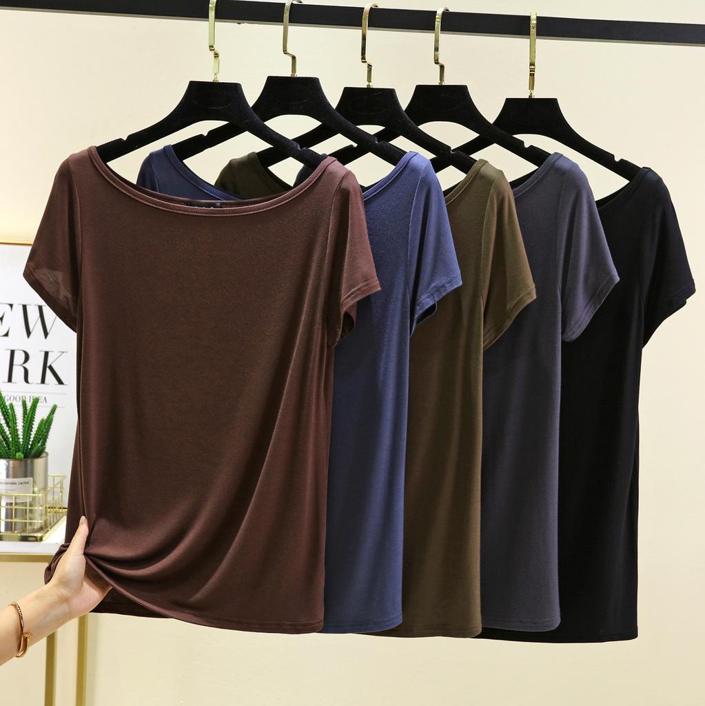 Модал с короткими рукавами и открытой спиной Футболки женские лодочки с открытыми плечами Футболка Однотонный цвет Свободный базовый слой Топ Большие размеры простые Майки