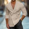 Мужская рубашка на лето и весну с V-образным вырезом, двубортная, однотонная, облегающая, из хлопковой смеси, с лацканами, для офиса и бизнеса, повседневная одежда