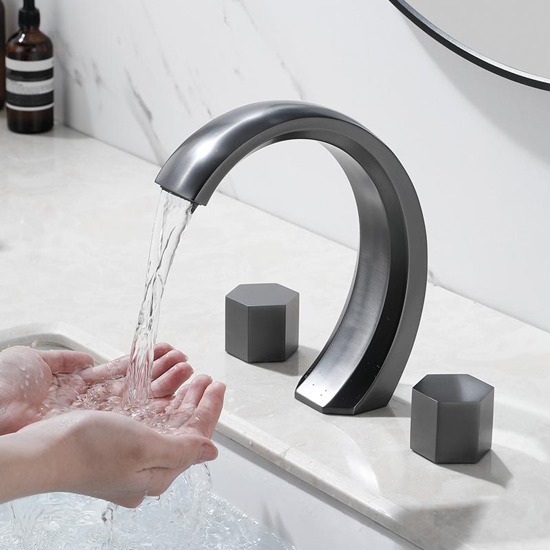 Light Luxury Bathroom Basin Faucet Gun Gray Copper Three Holes Two Handles Hot Cold Mixed Water Faucet Household Basin Tap