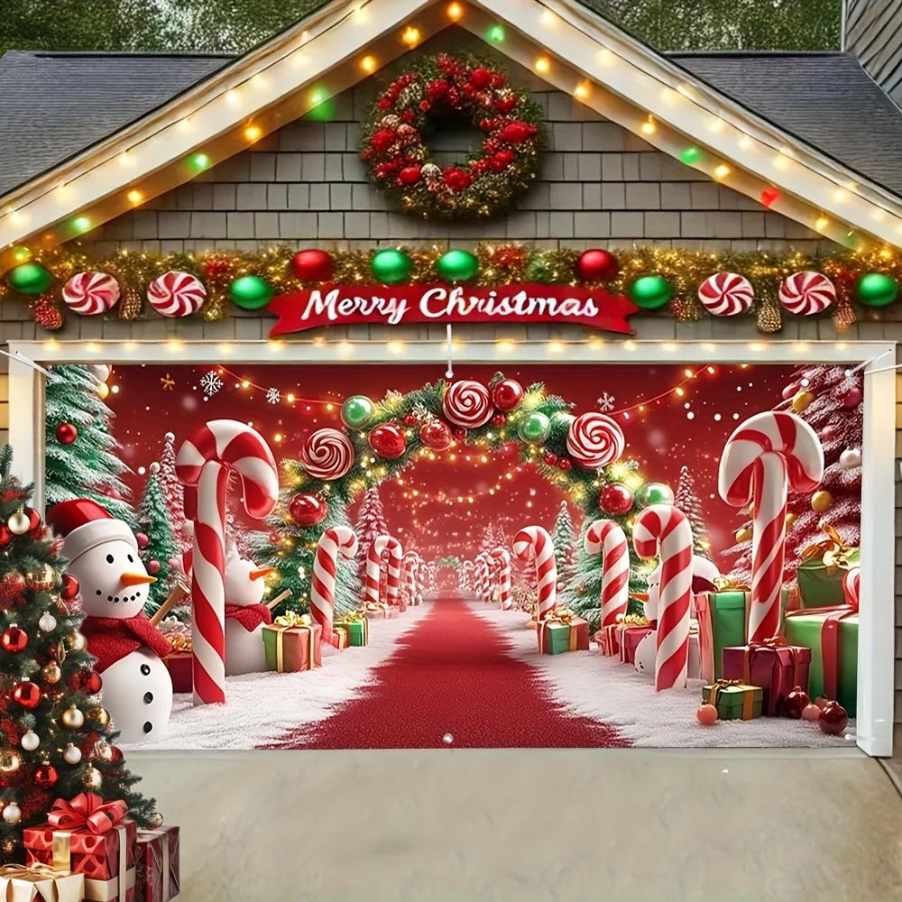 1pc Charming Farmhouse Christmas Garage Door Banner - Snowman, Cane Candy, and Tree Design | No Power Required