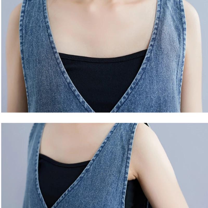 Джинсовое платье женское плюс размер повседневное винтажное без рукавов с большими карманами свободные джинсовые платья в стиле ретро женские летние с v-образным вырезом