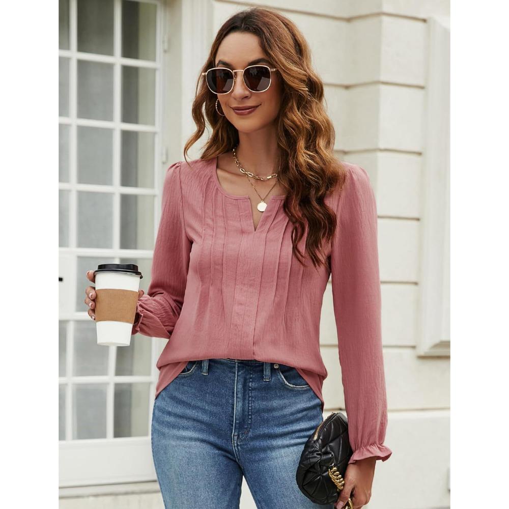 Женская повседневная однотонная блузка весна-лето с V-образным вырезом, однотонная шифоновая рубашка с длинным рукавом
