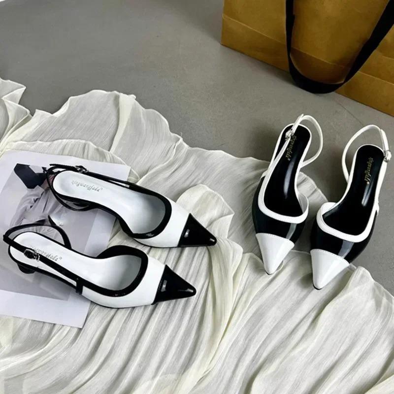 Designer Black White Color Low Heeled Sandals Women Sexy Pointed Toe Slingbacks Chunky High Heels Women Elegant Heels