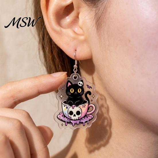 Halloween Costume Jewelry 1 Pair Earrings for Women, 2D Acrylic Teacup Black Cat Novelty Dark Theme Accessories Dangle Drop Earrings, Gothic