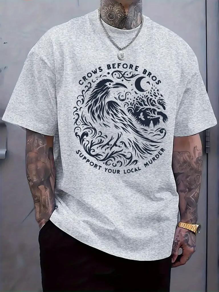 Casual Short Sleeve T-shirt with Crow Graphic Print & "Crows Before Bros" Slogan - White Regular Fit Summer Tee