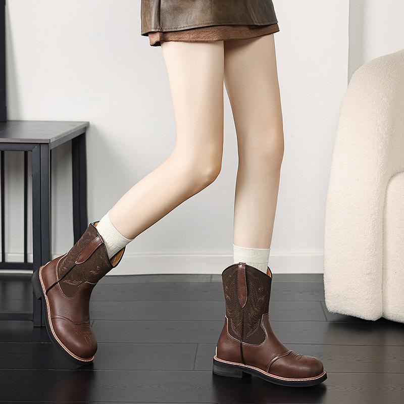 2024 European and American Embroidered Back Zipper Sleeve Knight Boots Women's Retro Thin Breathable Short Western Boots