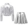 Girls Metallic Hip Hop Jazz Dance Turn Down Collar Long Sleeve Zipper Jacket Elastic Waistband Flared A-Line Skirt