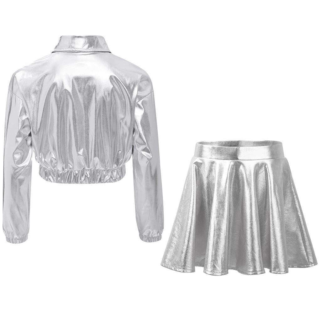 Girls Metallic Hip Hop Jazz Dance Turn Down Collar Long Sleeve Zipper Jacket Elastic Waistband Flared A-Line Skirt