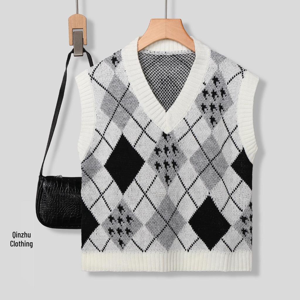 Женский пуловер-жилет с V-образным вырезом и аргайловым узором для осени/зимы