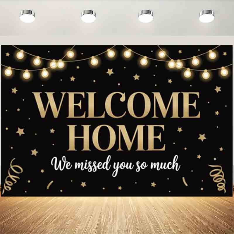 Welcome Home Photography Backdrop Black Gold String Lights Star Streamers Family Reunion Party Decor Photo Banner