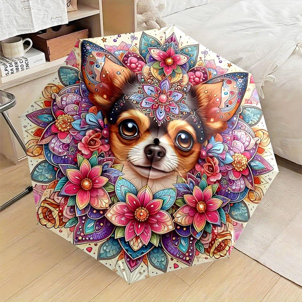 Folding umbrella Chihuahua Surrounded by Vibrant Floral Mandala Creative portable folding umbrella Christmas and other holiday