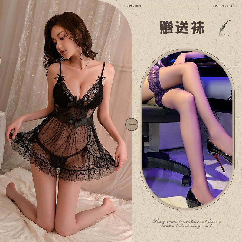 Exposed lingerie, sexy lace perspective mesh suspender skirt, bed conditioning robe, no need to take off passion