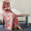 Spring Floral Print Round Neck Retro Loose Long Dress Green Blue Long Sleeve Cotton Linen Dress Women's Clothing