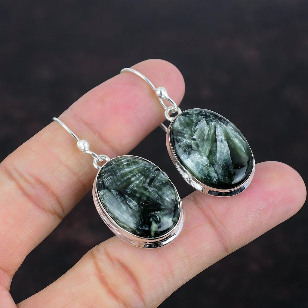 Серьги с серафинитом, оригинальные серьги с драгоценными камнями, старинные ювелирные изделия, серьги из стерлингового серебра 925 пробы, серьги ручной работы, ювелирные изделия серафинитом, подарки для нее