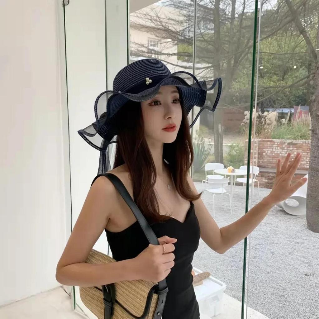2025 New Foldable Wide-brimmed Girl Straw Pearl Sun Hat Beach Wave Hat UV Protection Travel Hat Lady Beach Hat Birthday Gift