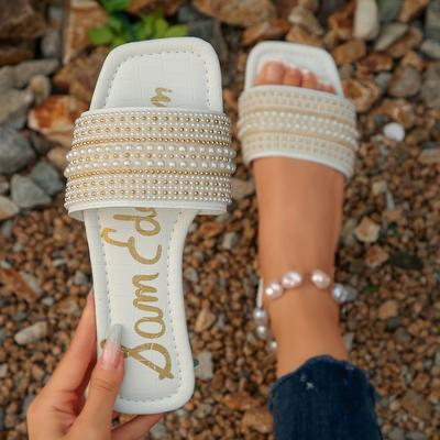 [Внешняя торговля] Большой размер Открытые тапочки-шлепанцы с жемчугом на плоской подошве Женские летние Модные с квадратным носком Однотонные тапочки на толстой подошве