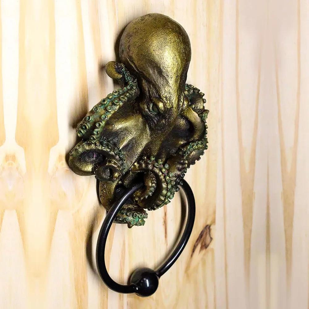 Pacific Giftware Decorative Octopus Skull Monster Resin Door Knocker with Cast Iron Knocker Wall Sculpture Door Ring Decoration