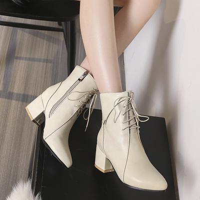 Модные женские ботильоны Осень Зима На шнуровке Женские ботинки Обувь на высоком каблуке Женские теплые плюшевые короткие ботинки Большой размер 34-45