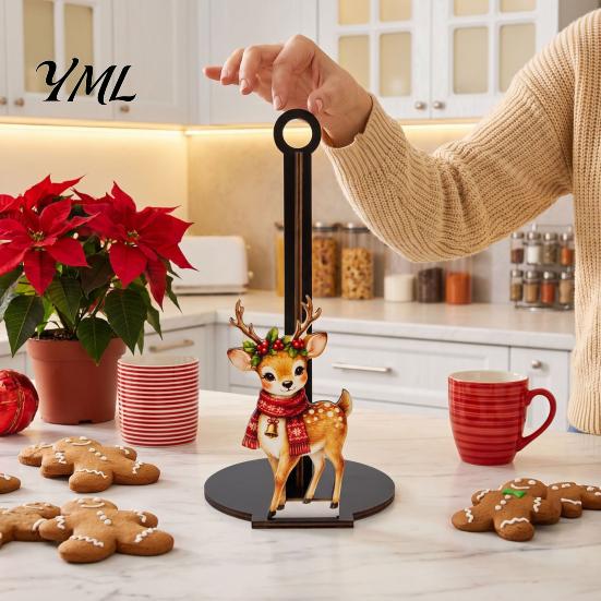 Santa Claus Elk Table Decor Christmas Wooden Paper Towel Holder, Decorative Vertical Roll Dispenser, Holder Stable Weighted Base Organizer for Holiday