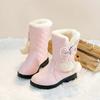 Теплые ботинки для девочек с бантом, детские зимние ботинки с мехом, плюшевые, зимние новые модные детские сапоги принцессы на водонепроницаемой платформе 2024 года