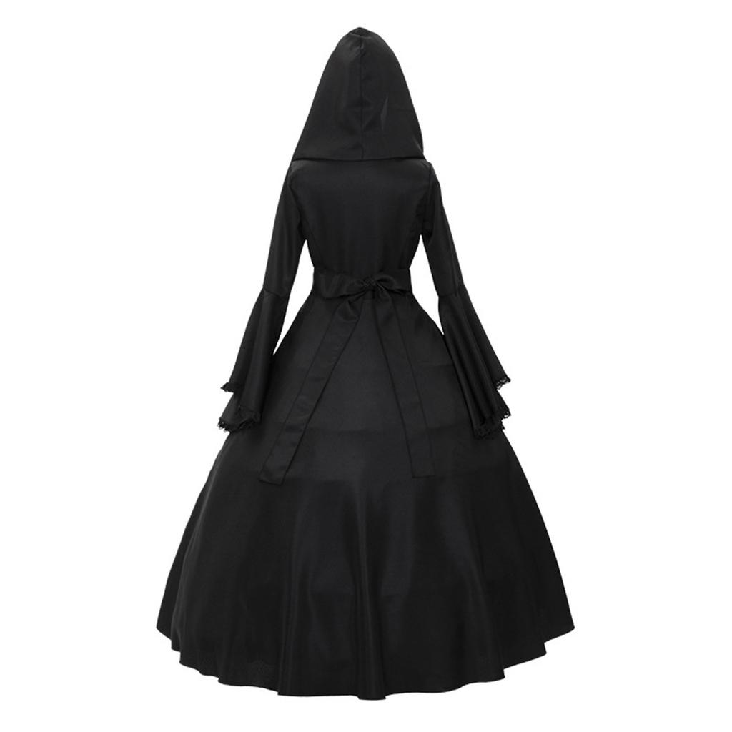 Women's Retro Gothic Long Sleeve Hooded Dress Lace Flare Sleeve Dress