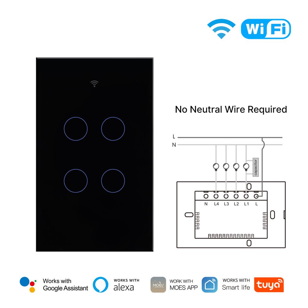 MOES No Neutral Wire Needed RF 433+ Wifi Wall Light Switch Smart Life/Tuya Wireless Remote Switches 1/2/3/4 Gang