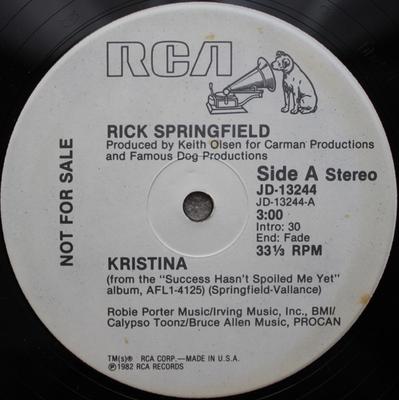 12-дюймовая пластинка RICK SPRINGFIELD Kristina JD13244 RCA 1982 США Рок Б/у