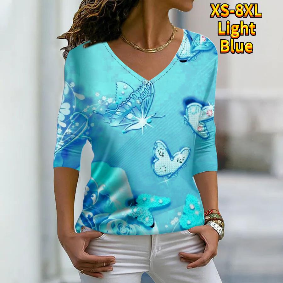 Women Autumn Floral Butterfly Flying Printed Long Sleeve T-Shirts Loose V-Neck Plus Size Tee Shirt Tops Comfy Blouse