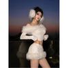 Hot Girl Style Knitted Suit 2025 Autumn and Winter New Style Terry Patchwork One-Shoulder Top High-Waisted Skirt Two-Piece Suit