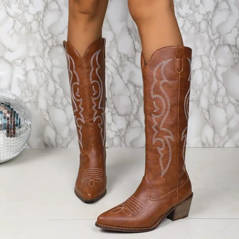 Модная женская обувь на распродаже 2024 Высокое качество Боковая молния Женские сапоги Зимние Острый носок Однотонные Высокий голенище Массивный каблук Ковбойские сапоги