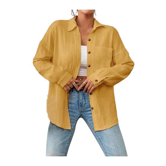 Women Casual Shirt Lapel Long Sleeve Button Down Casual Top with Patch Pocket Solid Color Loose Fit Blouse Work Leisure Daily Wear