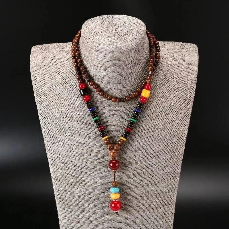 Unisex Tibetan Ethnic Necklace: Versatile, Retro-Style Jewelry with Wooden Accents for Cotton and Linen Outfits
