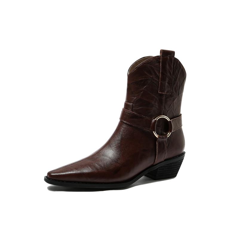 2024 New Autumn Women Boots Pointed Toe Women Shoes Chunky Heel Ankle Boots Winter Western Boots Cowboy Boots Genuine Leather