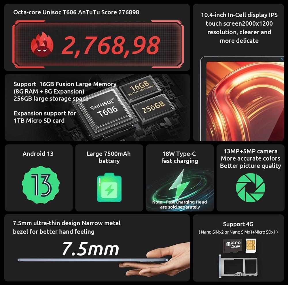 Refurbished: BMAX I11 Plus 10.4 Inch Tablet UNISOC T606 Octa Core 8GB RAM 256GB SSD Android 13 2K Screen 4G LTE 2.4G/5G WiFi Bluetoot