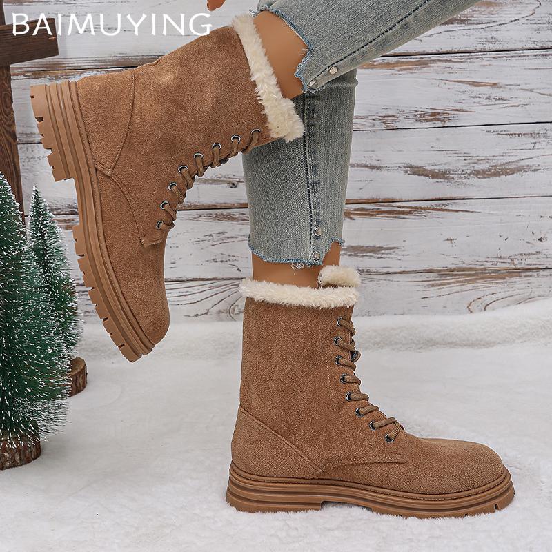 Ботильоны женские меховые зимние замшевые короткие плюшевые хлопковые туфли на среднем каблуке со шнуровкой 2025 года, теплые нескользящие зимние ботинки женские
