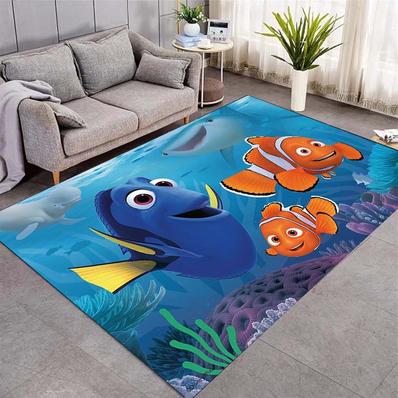 Cartoon Clownfish Blue Fish Coral Reef Ocean Print Area Rug Non‑Slip Rectangular Floor Mat Sea Home Gaming Decor