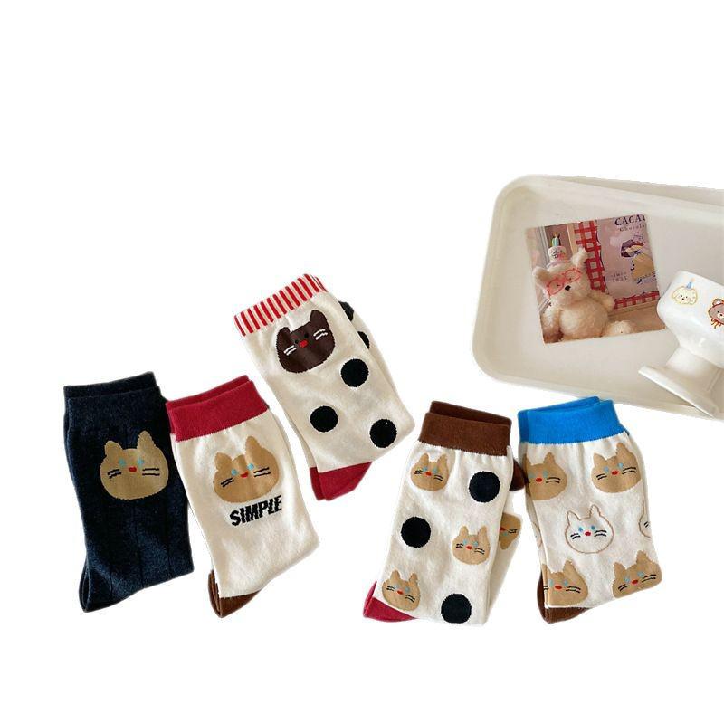 Spring 2025 Korean Polka Dot Kitten Women's Cotton Mid-Calf Socks - Sweet, Cute, and Breathable