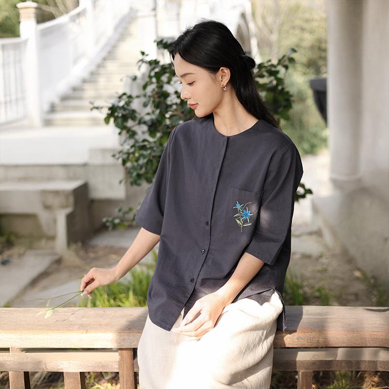 Deer and Andi cotton and linen women's summer new short-sleeved linen shirt women's new Chinese short-sleeved shirt light luxury top